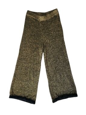Zara Knit Black Gold Metallic Cropped Wide Leg Pants Faux Fur Hem Size S
